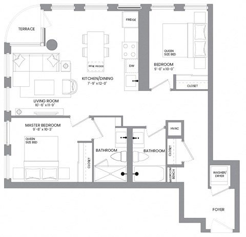 a floor plan of a house with a lot of furniture and a staircase