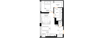 A floor plan of a house with a living room, kitchen, and two bedrooms.
