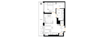 A floor plan of a house with a bedroom, living room, kitchen, and bathroom.
