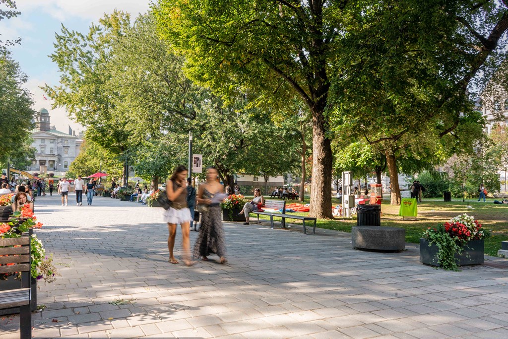 two women standing on a sidewalk in a park
