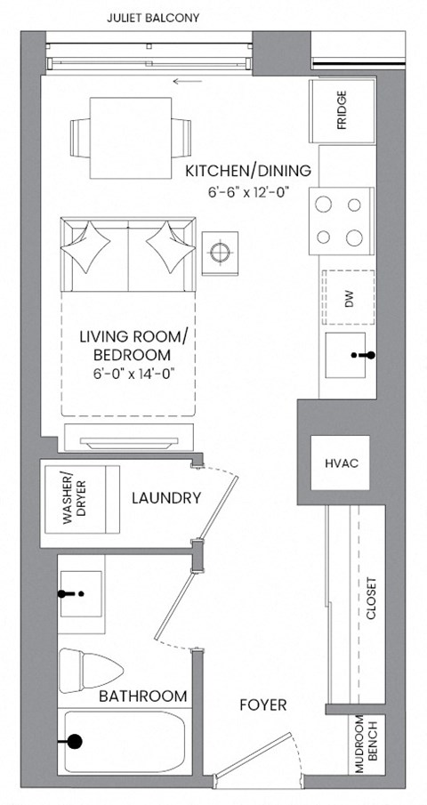 a floor plan of a small house with a bedroom and a bathroom