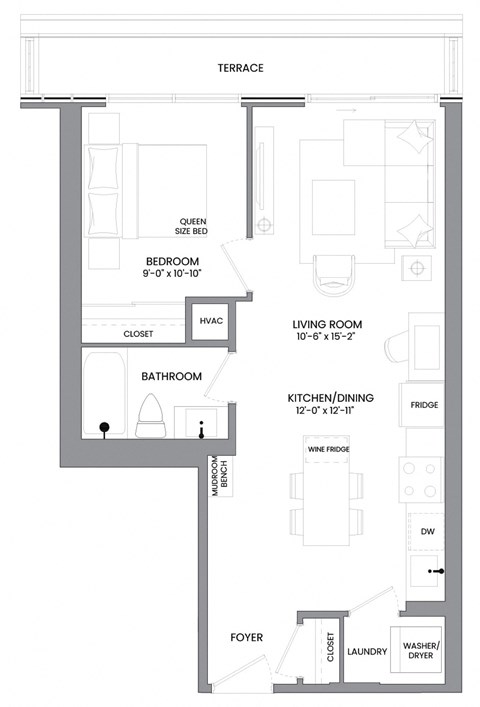 a floor plan of a living room with a bedroom and a bathroom
