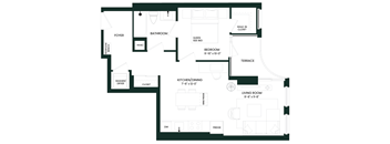a floor plan of a house with a bedroom and a living room and a kitchen