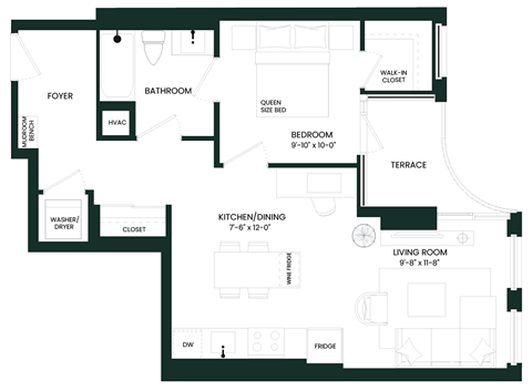 a floor plan of a house with a bedroom and a living room and a kitchen