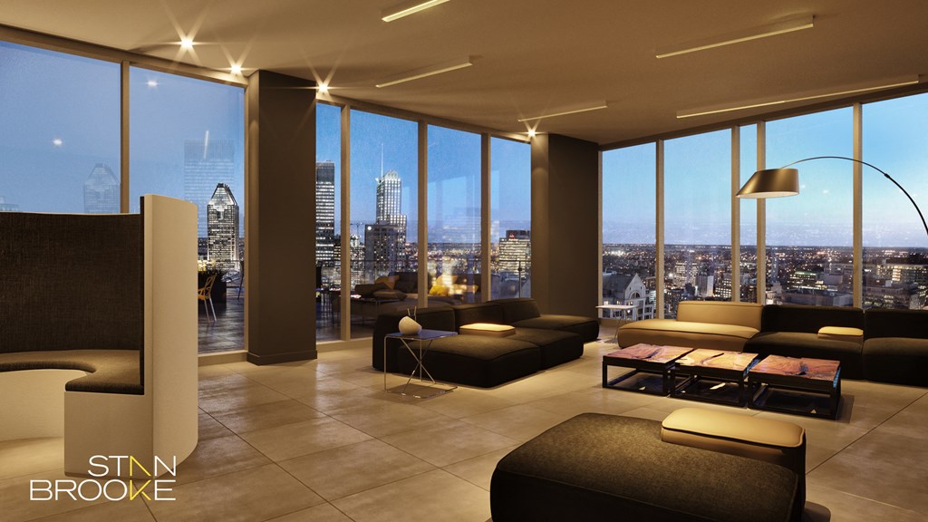 a rendering of a living room with a view of the city