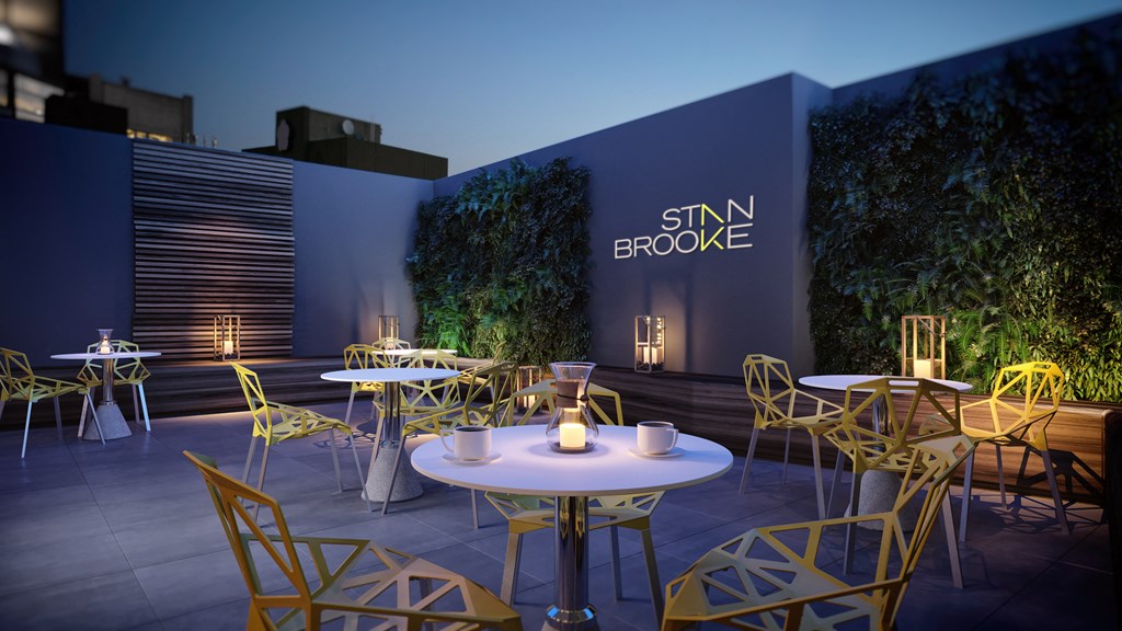 a rendering of a restaurant patio with tables and chairs