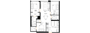 A floor plan of a house with two bedrooms, a living room, a kitchen, and a foyer.