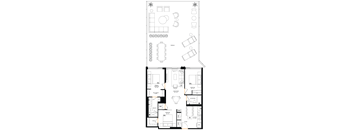 A floor plan of a house with a living room, kitchen, and two bedrooms.