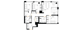 A black and white floor plan of an apartment with rooms labeled.