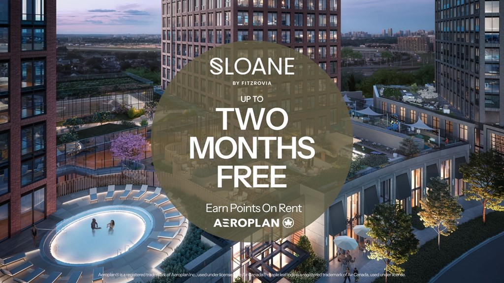 A building with a pool and the words Sloane Two Months Free on it.