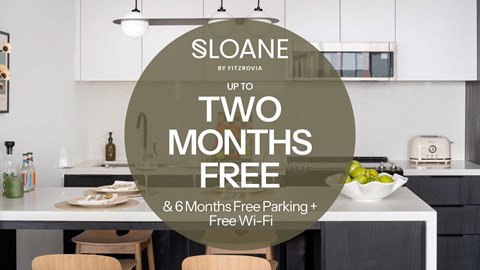 A kitchen with a sign that says Sloane by Fitzrovia up to two months free.