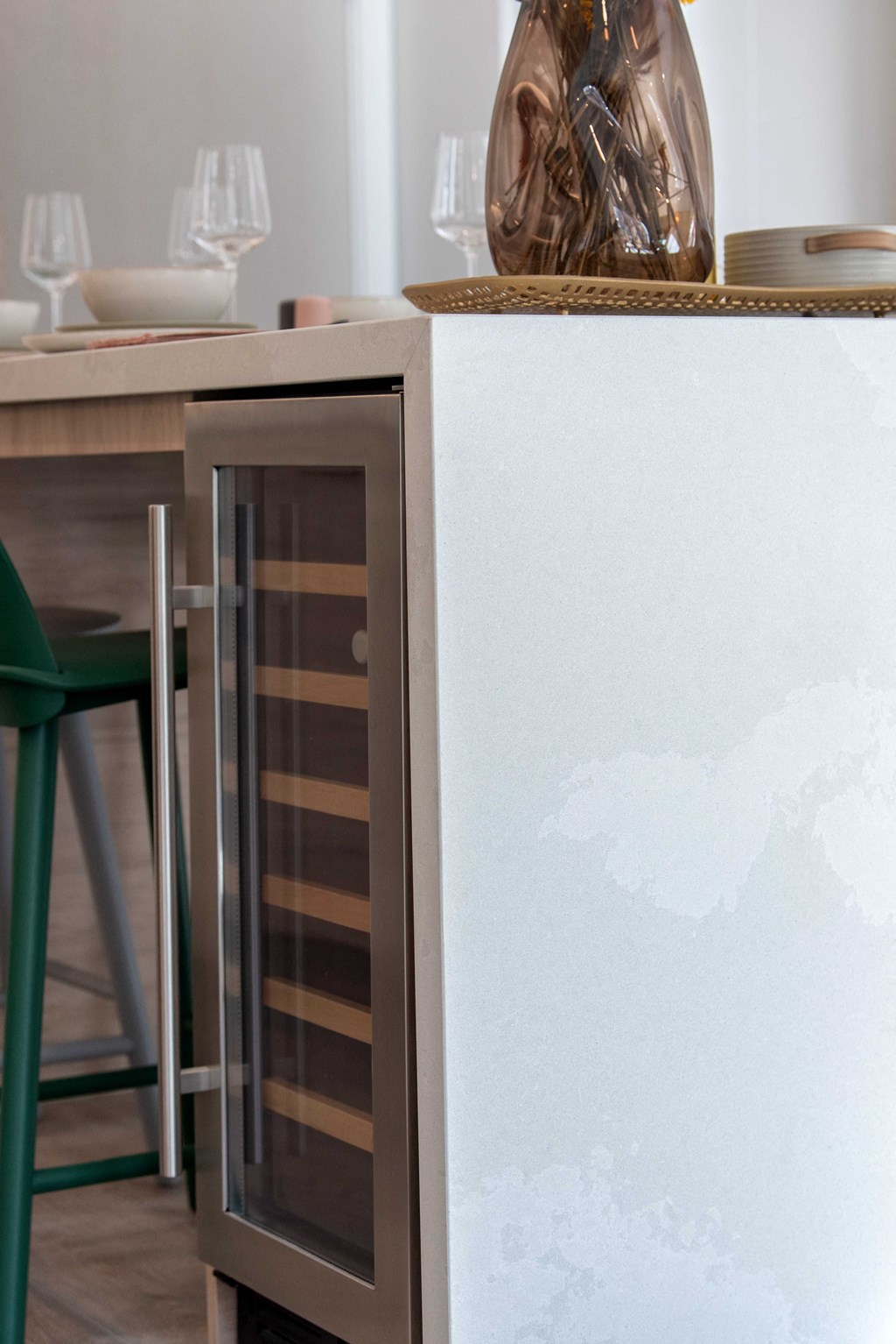 Quartz Waterfall Islands with Integrated Wine Fridges