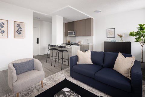 A living room with a blue couch and a grey armchair.