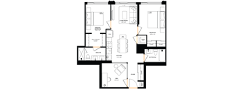 A floor plan of a house with a living room, two bedrooms, a bathroom, a kitchen, an en suite, and a foyer.