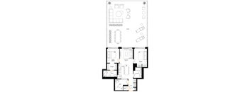 A floor plan of a house with a kitchen, living room, and two bedrooms.