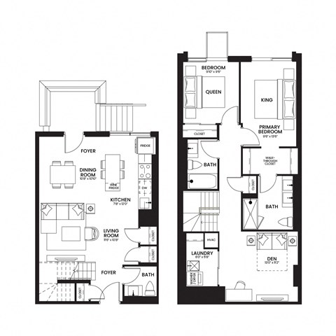 two floor plans of a house with different layouts of rooms and a staircase