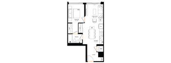 A floor plan of a house with a living room, kitchen, and two bedrooms.