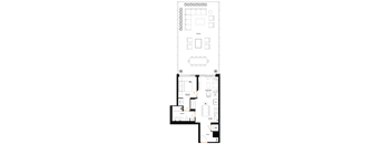 A floor plan of a house with a kitchen, living room, dining room, and two bedrooms.