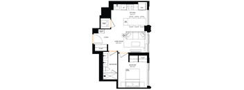 A floor plan of a house with a kitchen, living room, and bedrooms.