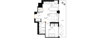 A floor plan of a house with a living room, two bedrooms, a bathroom, a kitchen, a foyer, and a terrace.