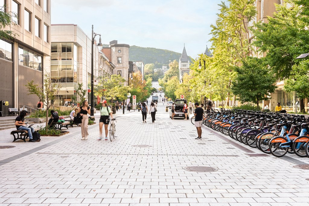 people walking down a street filled with bikes