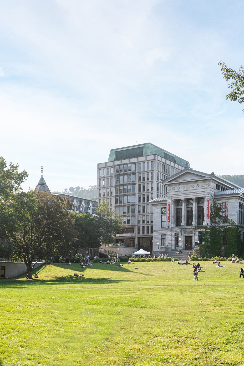 a city park with a large building in the background