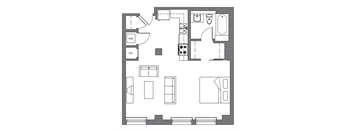 A floor plan of a house with a living room, kitchen, and bathroom.
