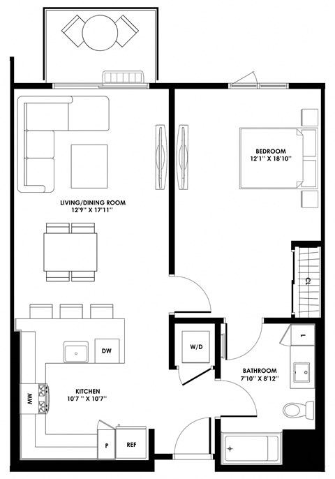 827 square foot one bedroom one bath. 1B