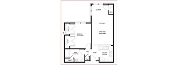 A floor plan of a house with a living area, dining area, kitchen, and bath.