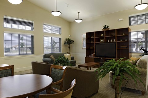a living room with a table and chairs and a television