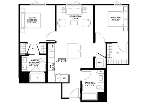 Two Bedroom Floor Plan at The Chandler NoHo Apartments in North Hollywood, CA