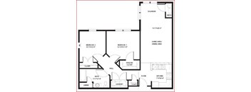 A floor plan of a house with two bedrooms, a living area, a kitchen, a bathroom, a laundry room, and a closet.