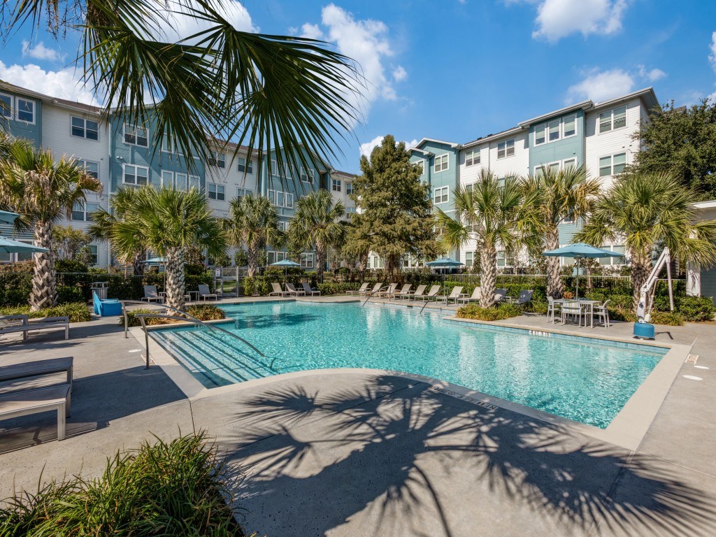A swimming pool surrounded by palm trees and lounge chairs.