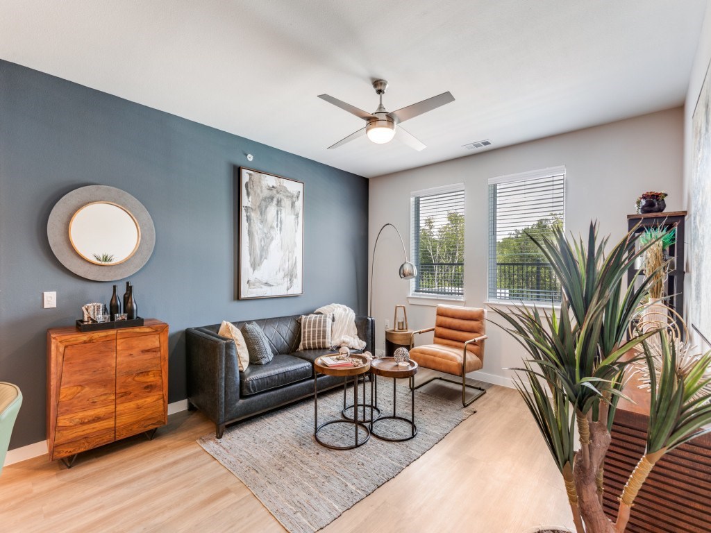 A living room with a black couch, a wooden cabinet, a round mirror, a painting, a ceiling fan, a rug, a potted plant, and a window.