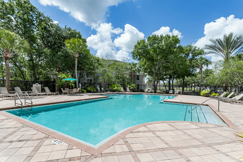 A large swimming pool surrounded by trees and lounge chairs.