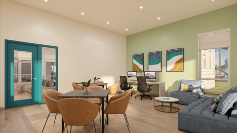 A modern living room with a dining table and chairs.