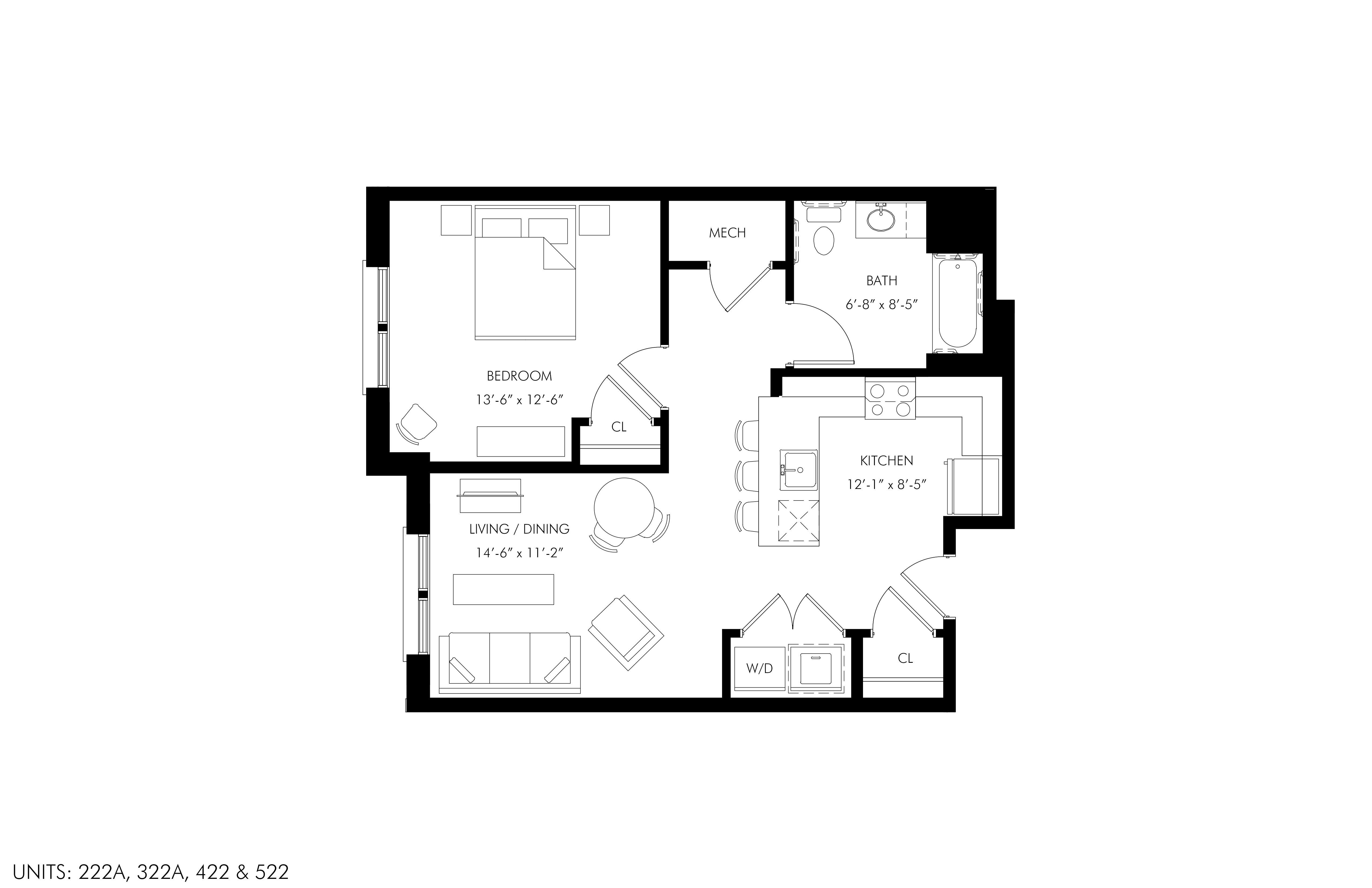 A black and white image of a floor plan for a home with a living room, dining room, kitchen, bedroom, and bathroom.