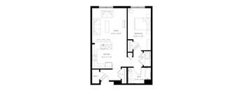 A black and white image of a floor plan for a home with a living room, kitchen, bathroom, and bedroom.