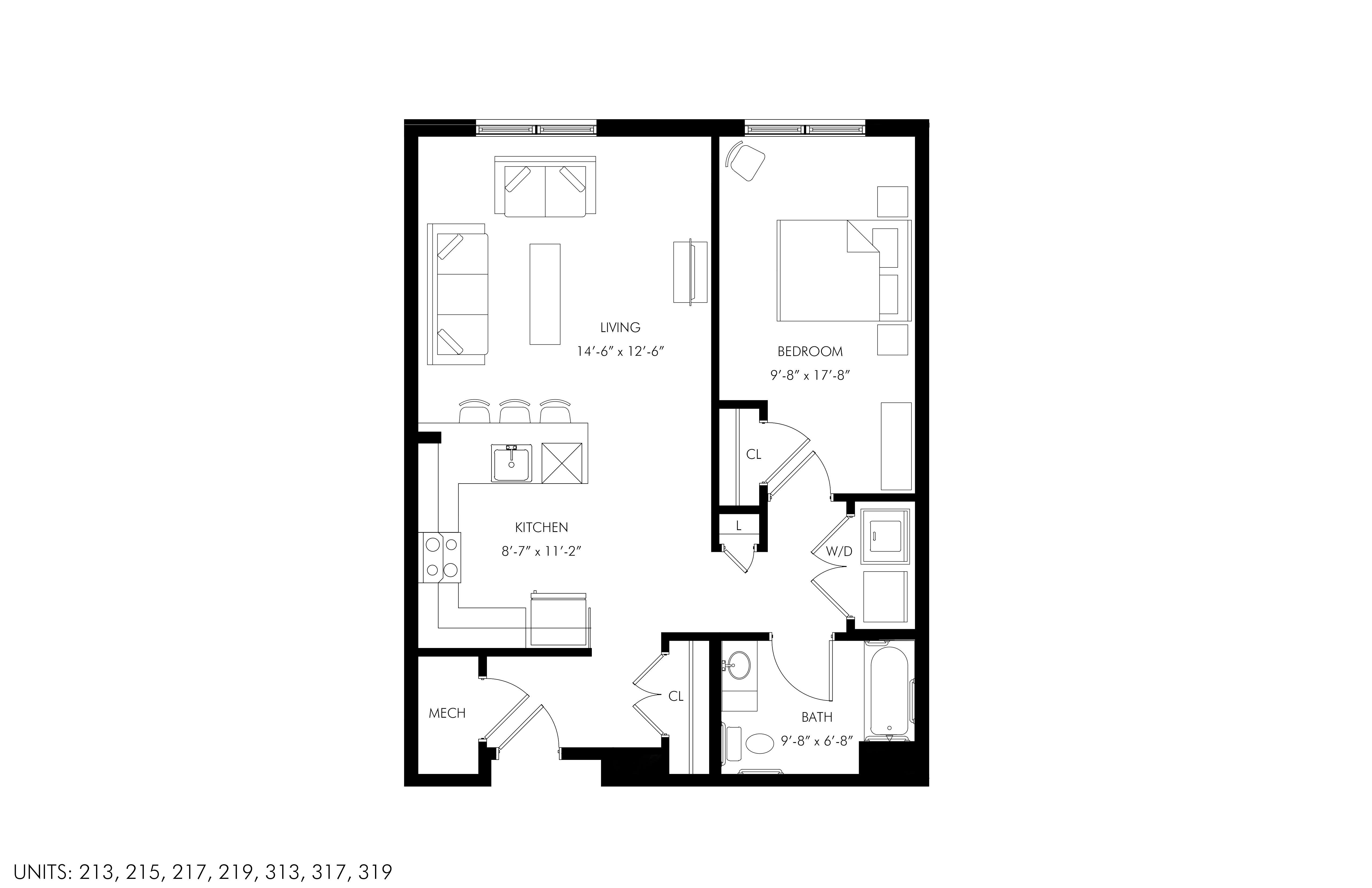 A black and white image of a floor plan for an apartment.