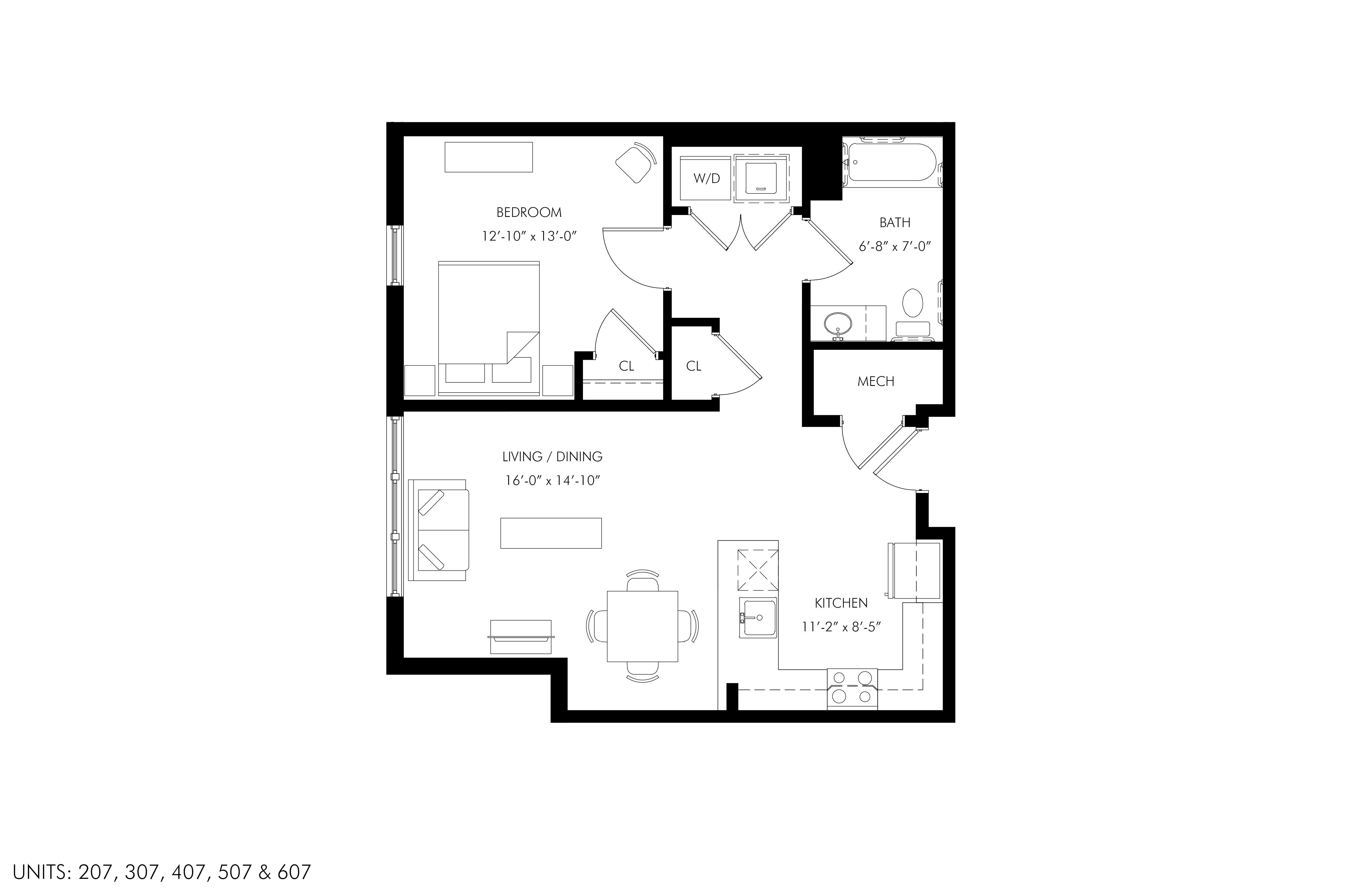 A floor plan of a home with a living room, dining room, kitchen, and two bathrooms.