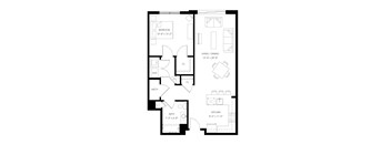 A black and white image of a floor plan for the a6 one-bedroom at Wall Street Place
