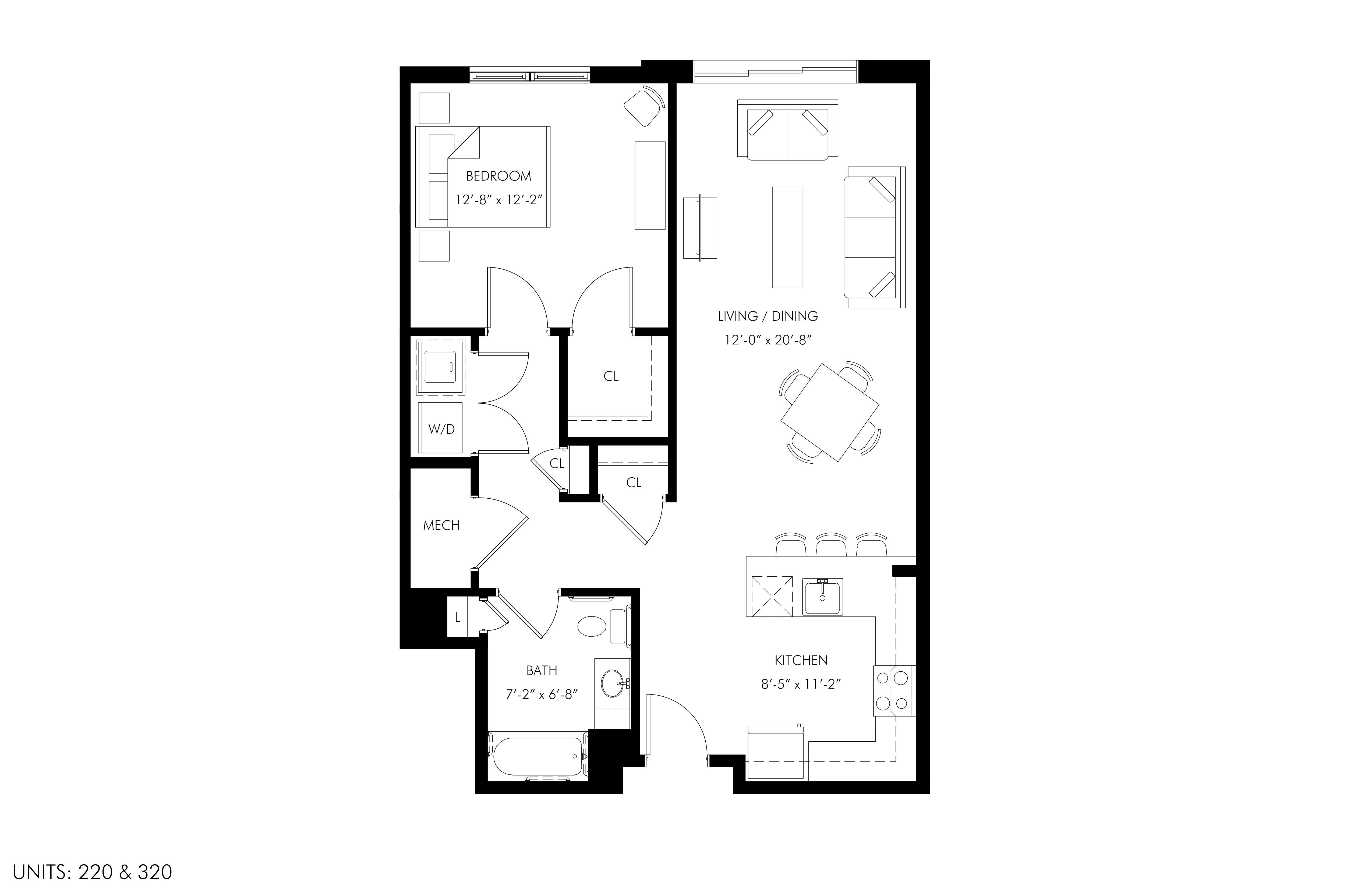 A black and white image of a floor plan for an apartment.