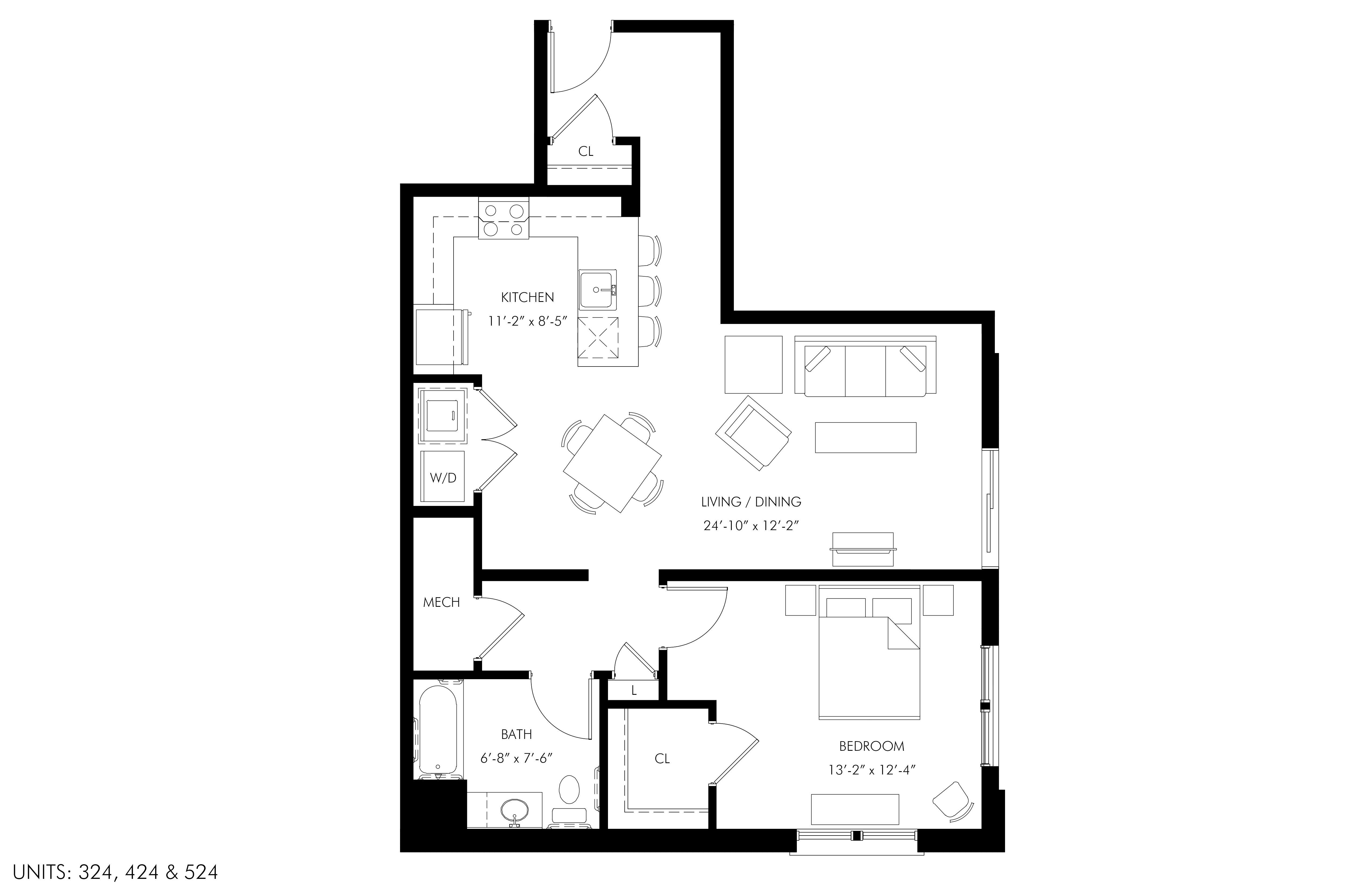 A black and white image of a floor plan for an apartment.
