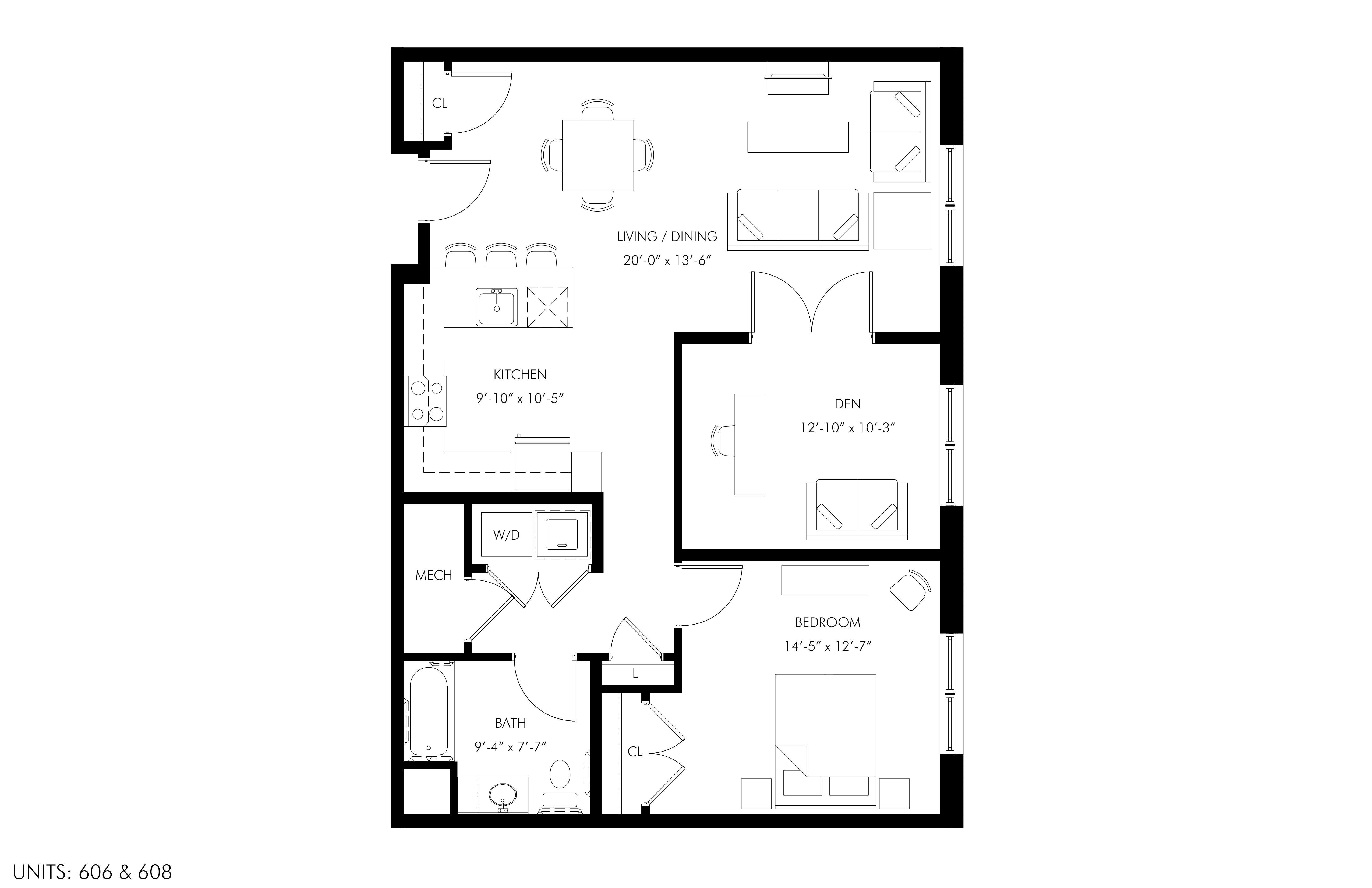 A black and white image of a floor plan for an apartment.