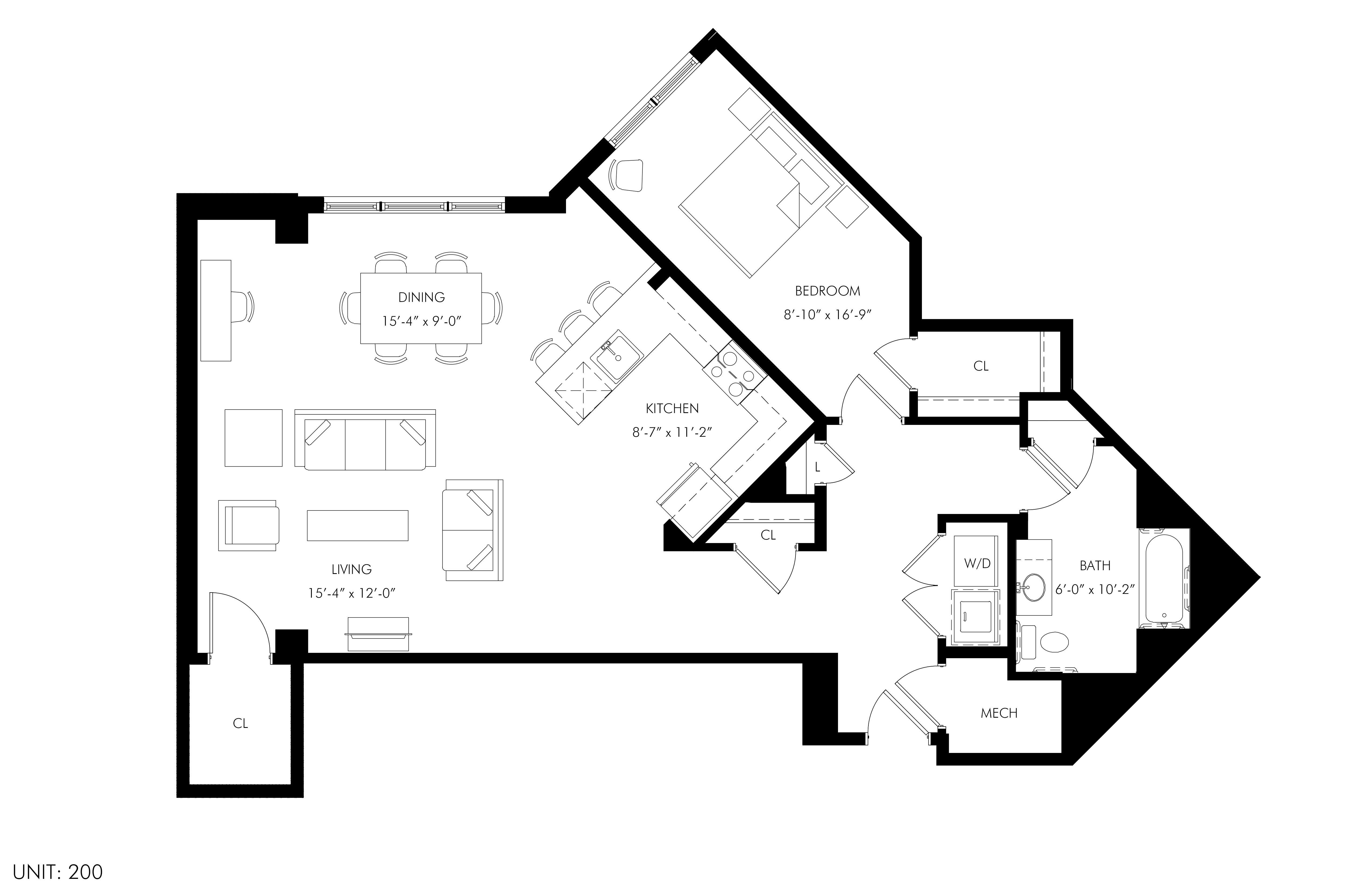 A black and white image of a floor plan for a unit numbered 200.