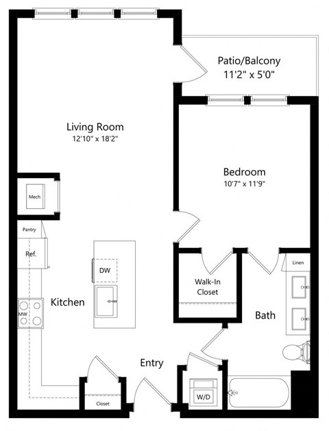 One Bedroom Floor Plan with 803 Sq. Ft. at Aurora Luxury Apartments in Downtown Tampa FL