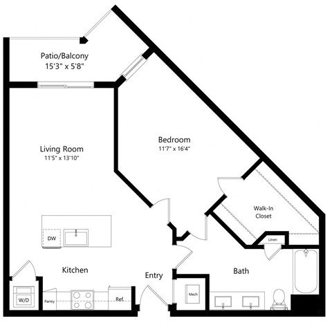 One Bedroom Floor Plan with 864 Sq. Ft. at Aurora Luxury Apartments in Downtown Tampa FL