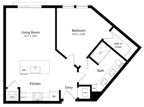 One Bedroom Floor Plan with 711 Sq. Ft. at Aurora Luxury Apartments in Downtown Tampa FL