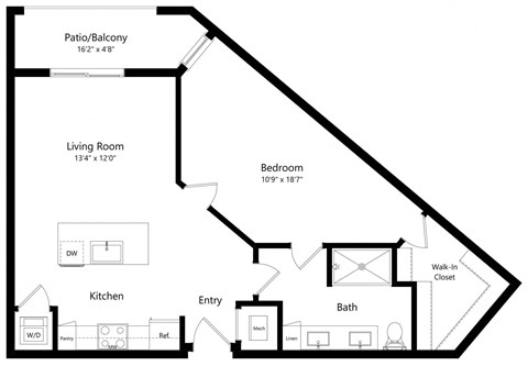 One Bedroom Floor Plan with 884 Sq. Ft. at Aurora Luxury Apartments in Downtown Tampa FL
