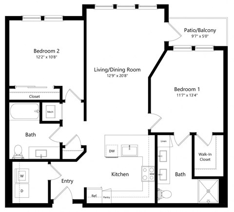 Two Bedroom Floor Plan with 1,148 Sq. Ft. at Aurora Luxury Apartments in Downtown Tampa FL